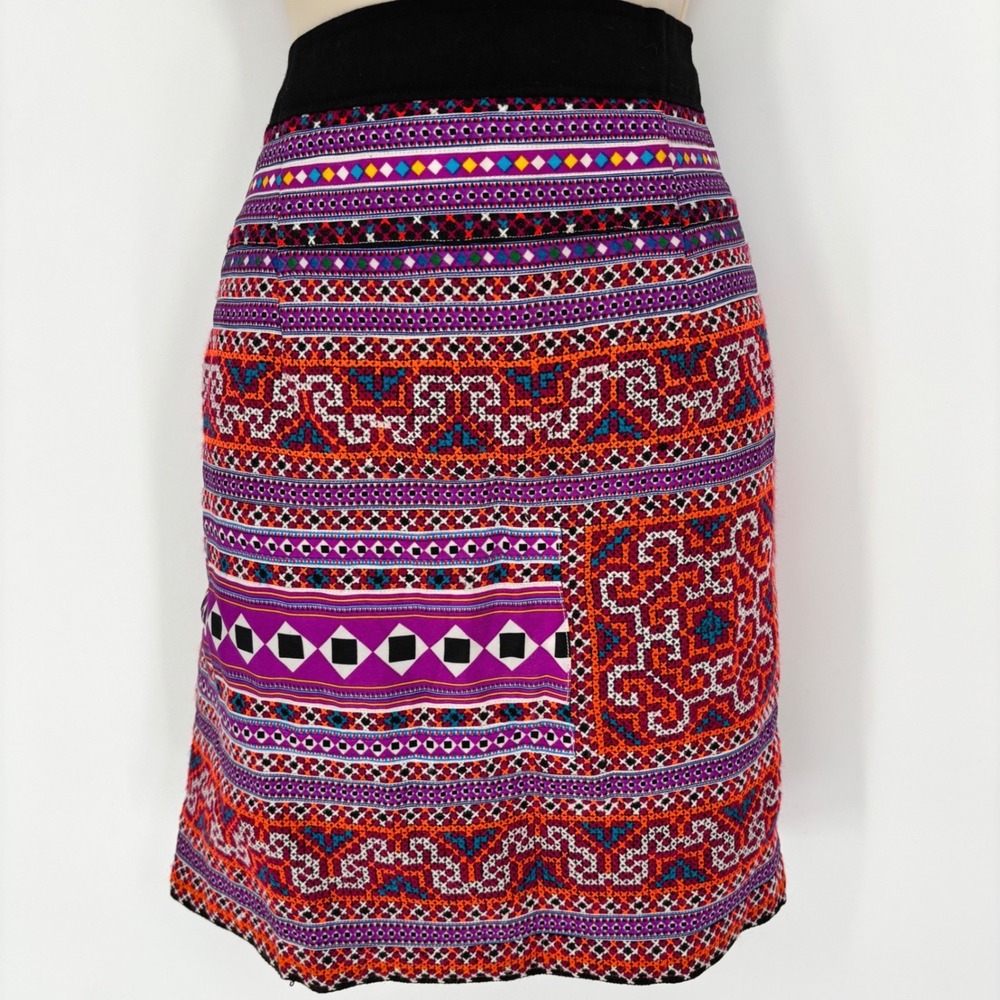Huilpi Style Embroidered Pencil Skirt Purple Orange Geometric Cross Stitch Skirt